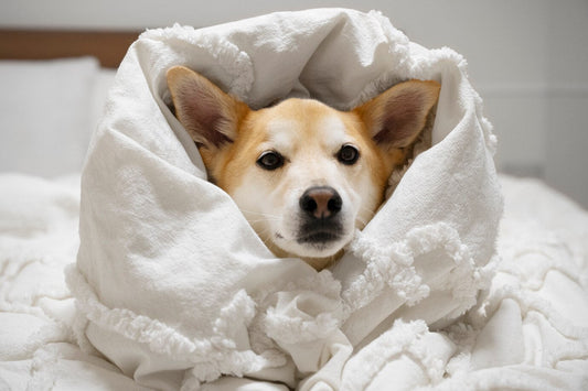 shiba inu dog wrapped in cloth