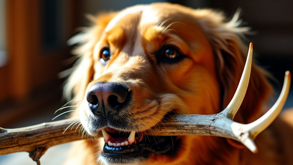 Dog chewing antler