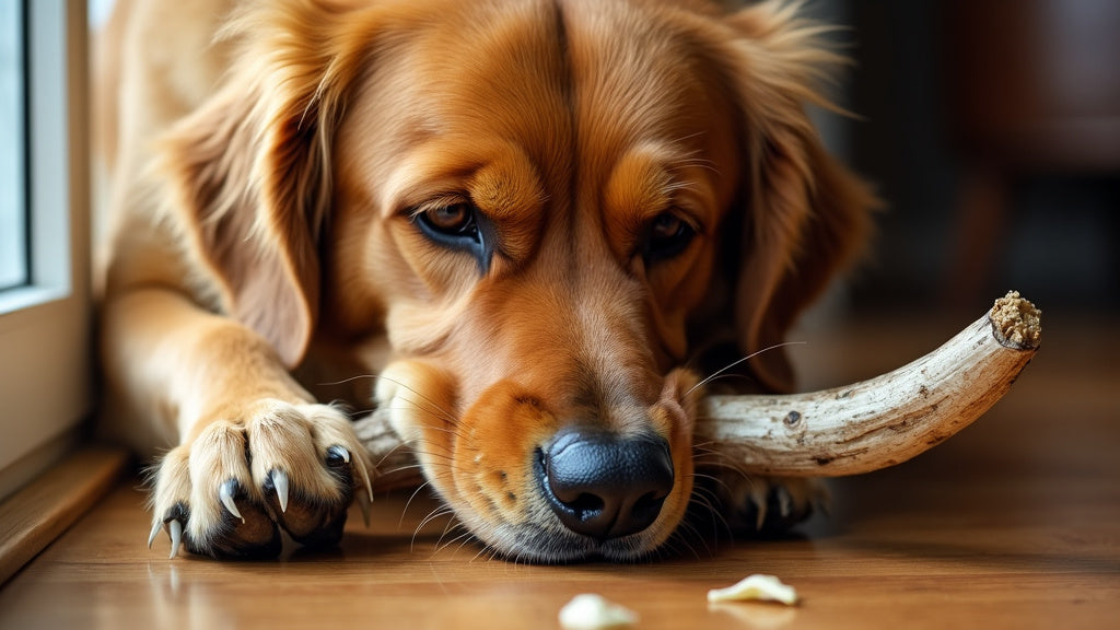 Dog chewing antler