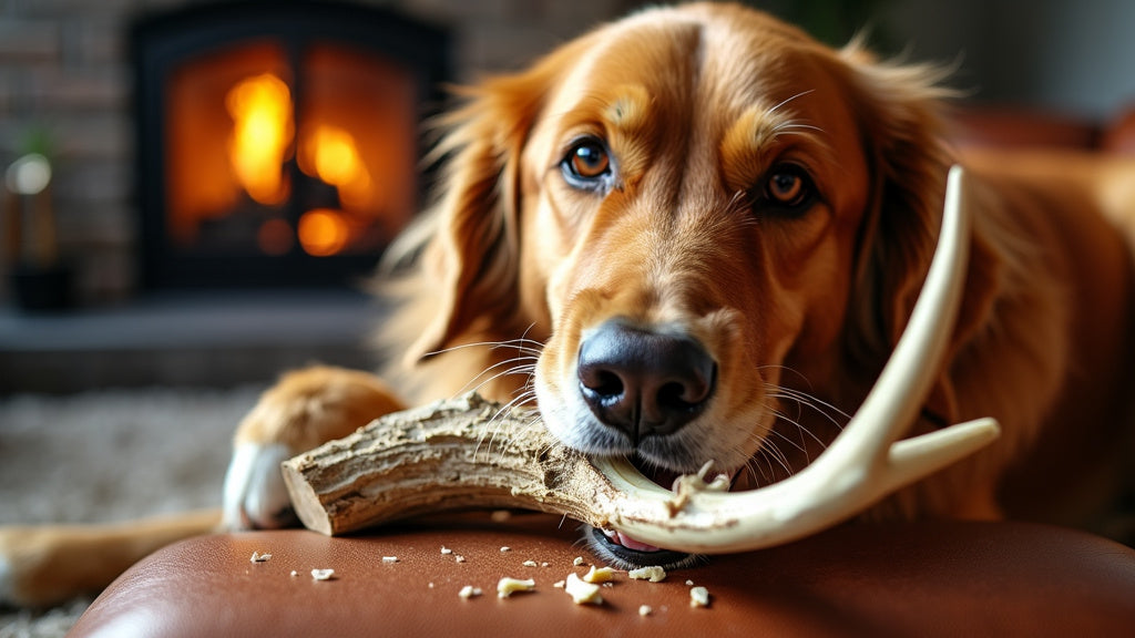 Dog chewing on elk antler