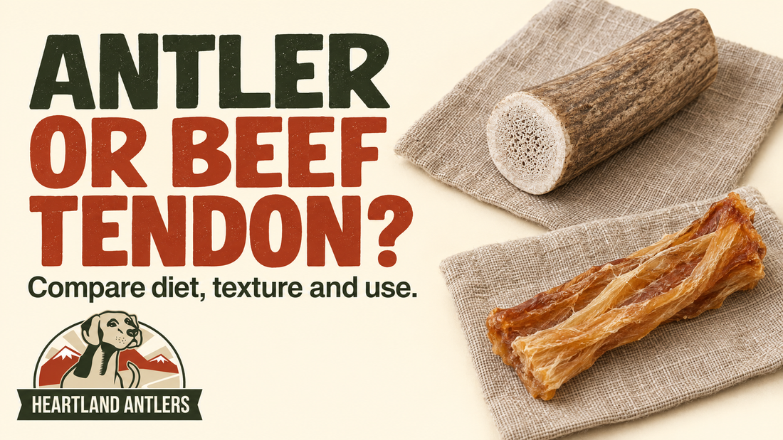 Antler and fibrous beef tendon chew beside a diet, texture and use message.