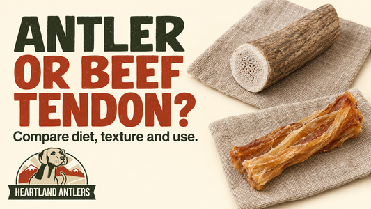 Antler and fibrous beef tendon chew beside a diet, texture and use message.