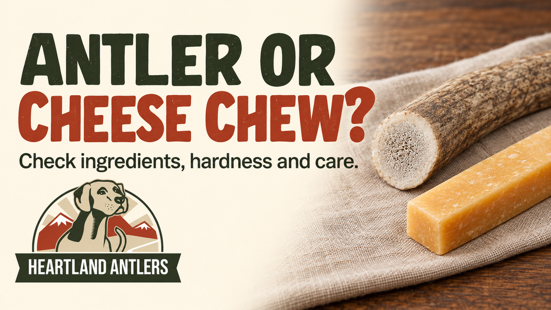 Antler and hard cheese chew on a table with ingredient, hardness and care message.