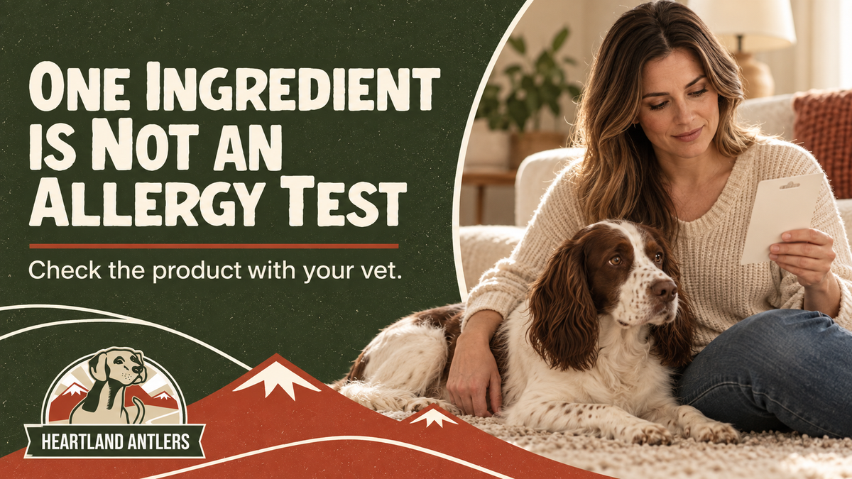 Heartland Antlers illustration: one ingredient is not an allergy test; check the product with your vet