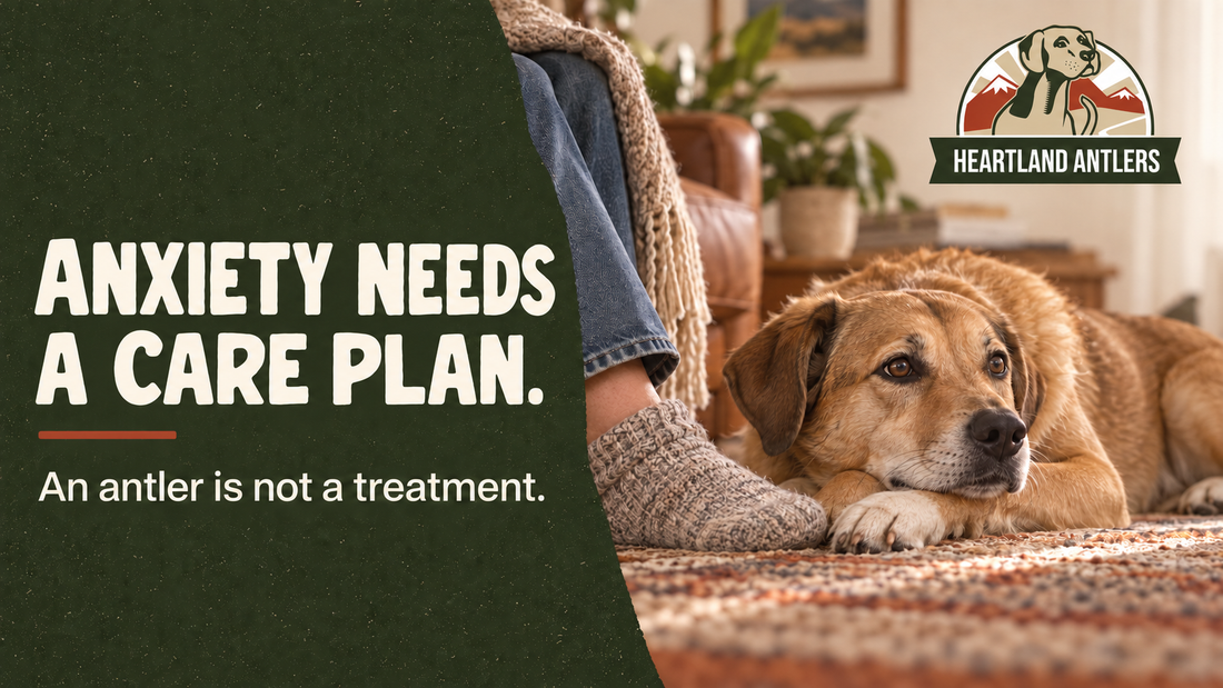 Generated calm dog scene: anxiety needs a care plan and an antler is not treatment