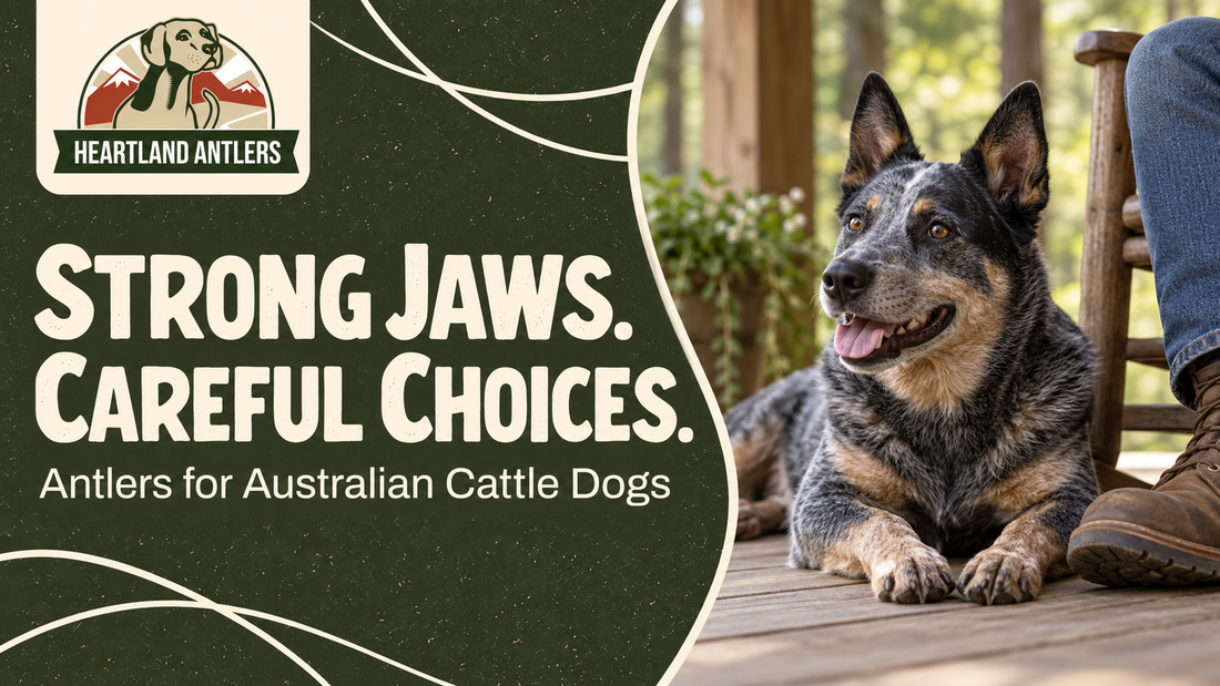 Heartland Antlers guide to Australian Cattle Dog chew choices, with an adult Blue Heeler