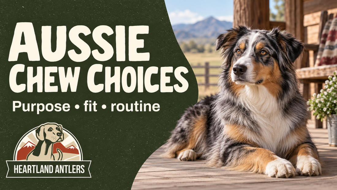 Heartland Antlers guide to Australian Shepherd chew choices with a calm adult dog