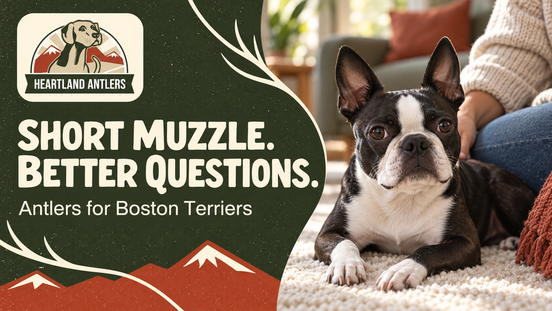 Heartland Antlers guide to Boston Terrier chew questions, with a calm adult dog