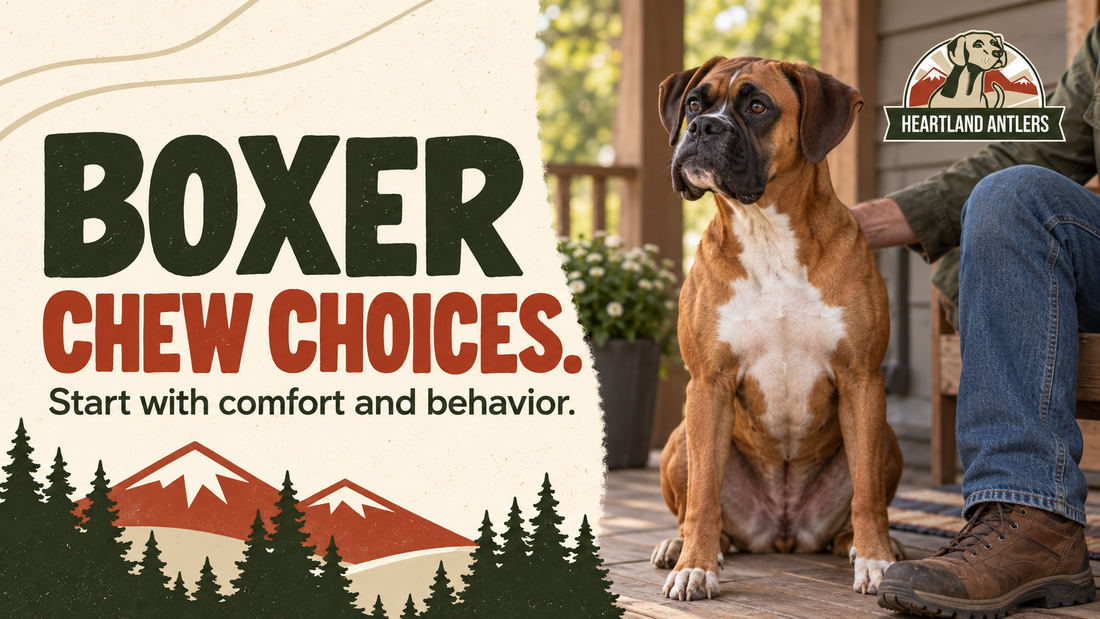 Adult Boxer beside owner with a message to start with comfort and behavior.
