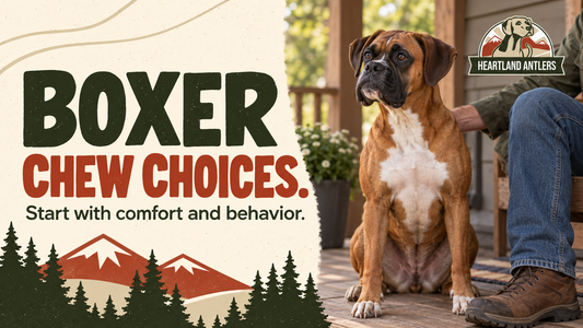 Adult Boxer beside owner with a message to start with comfort and behavior.