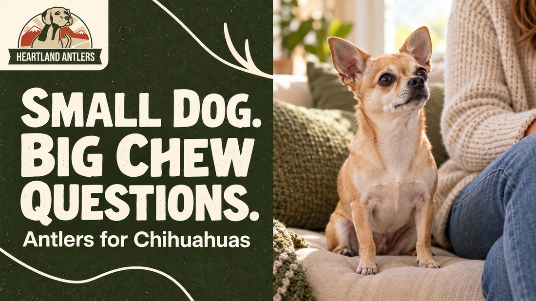 Heartland Antlers guide to Chihuahua chew choices, with an adult dog beside its owner