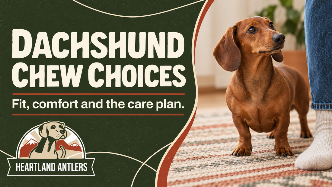 Adult Dachshund beside an owner with a fit and comfort message.