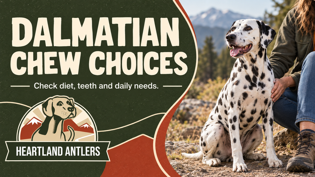 Dalmatian and owner with a diet, teeth and daily-needs message.