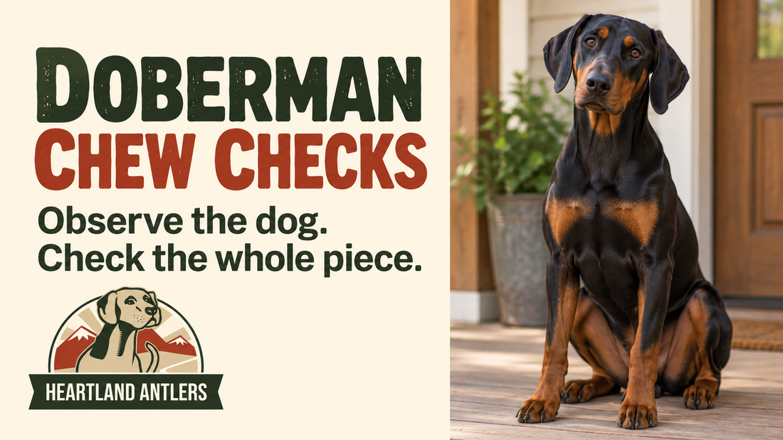 Doberman on a porch with a message to observe behavior and check the full chew.
