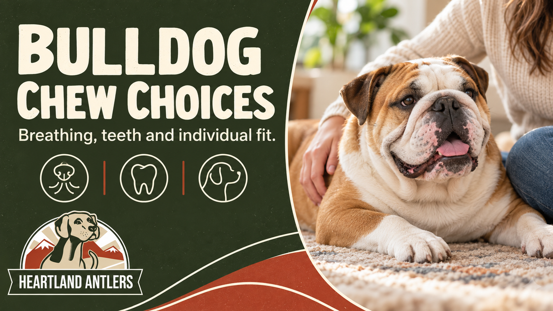 Adult English Bulldog rests beside its owner, with the words: Breathing, teeth and individual fit.