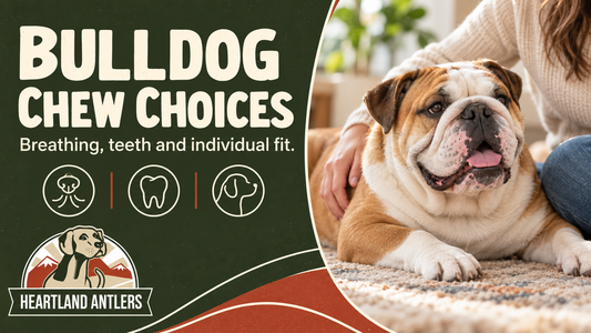 Adult English Bulldog rests beside its owner, with the words: Breathing, teeth and individual fit.