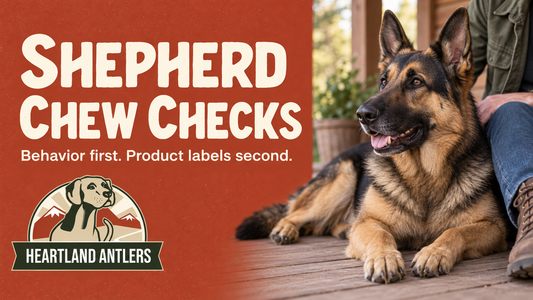 Adult German Shepherd beside a behavior-first chew check message.