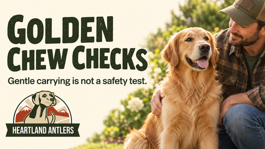 Golden Retriever beside a message that gentle carrying is not a safety test.