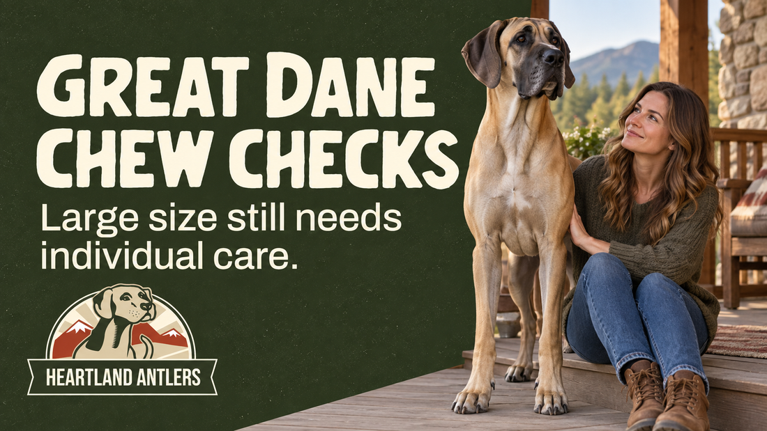 Adult Great Dane beside individual care and chew-choice guidance.