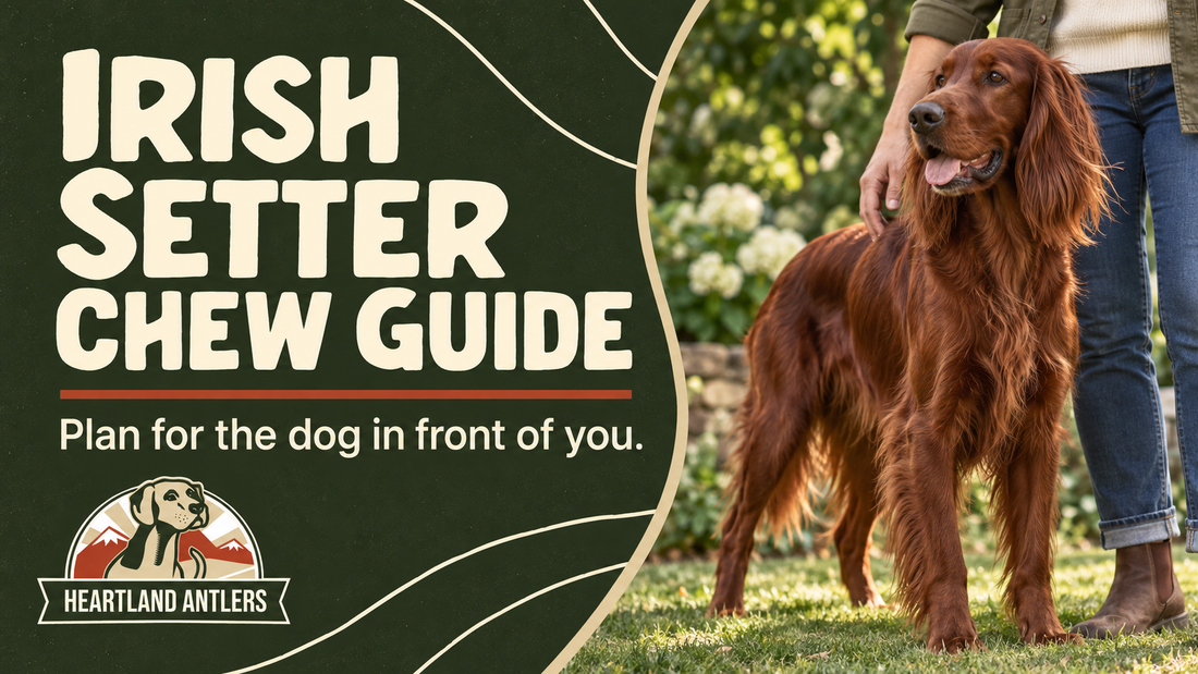 Adult Irish Setter and owner with a message to plan for the individual dog.