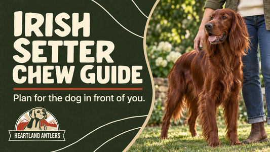 Adult Irish Setter and owner with a message to plan for the individual dog.