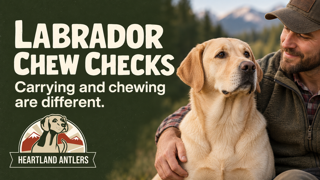 Adult Labrador Retriever beside guidance that carrying and chewing differ.