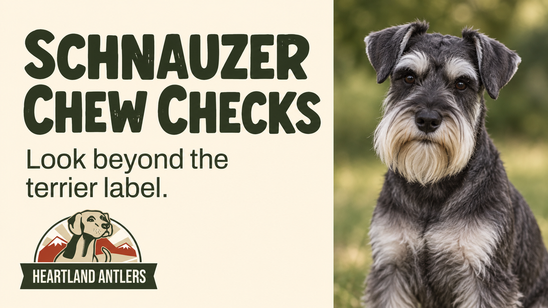 Adult Miniature Schnauzer beside individual chew assessment guidance.