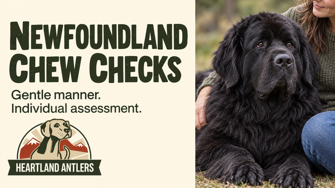 Adult Newfoundland beside individual chew assessment guidance.
