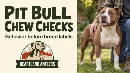 Calm adult Pit Bull beside behavior-based chew assessment guidance.