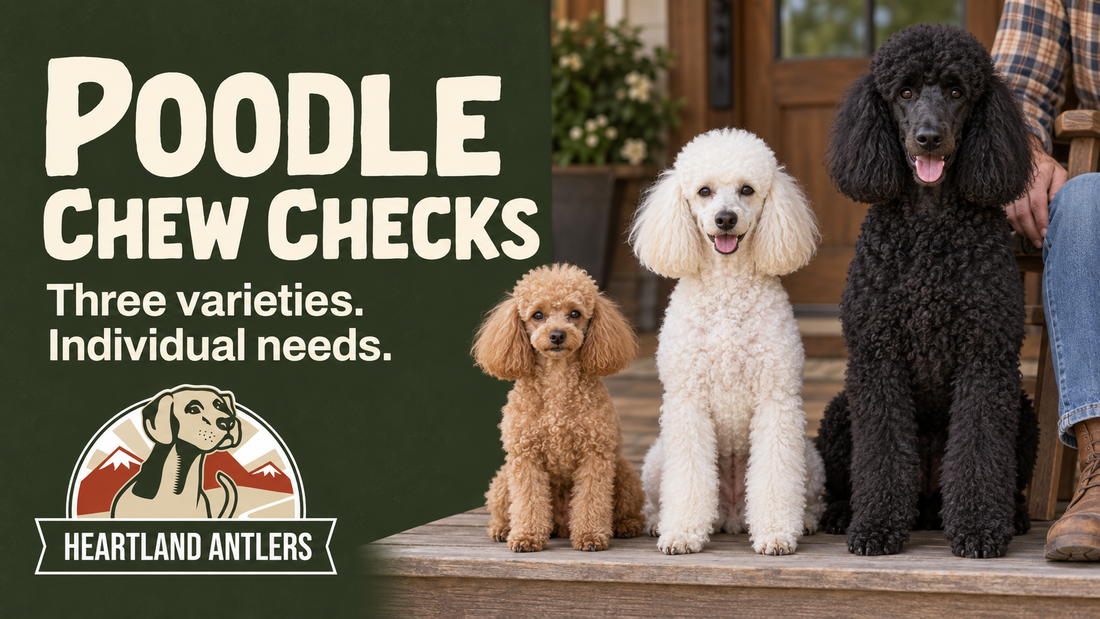 Toy, Miniature and Standard Poodles beside individual chew assessment guidance.