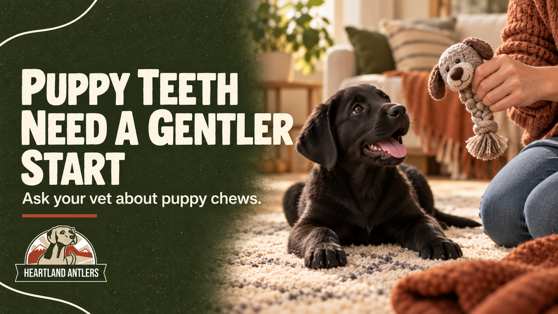 A puppy and owner introduce flexible chew choices during tooth development.