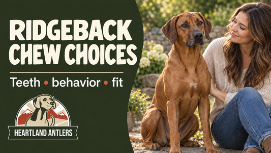 Heartland Antlers guide to Rhodesian Ridgeback chew choices, with an adult dog resting calmly