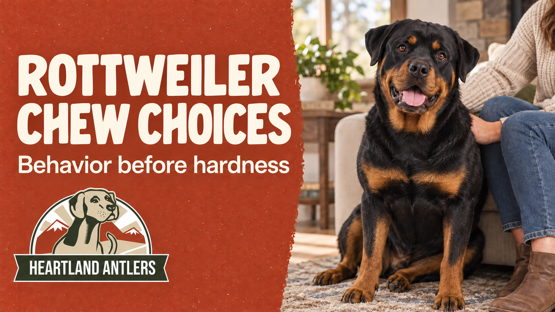 Heartland Antlers guide to Rottweiler chew choices, with an adult dog resting calmly
