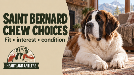 Heartland Antlers guide to Saint Bernard chew choices, with an adult dog resting calmly