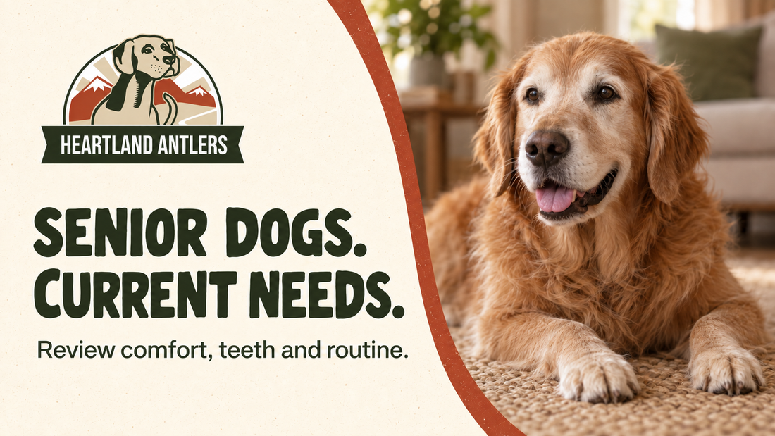 Generated senior dog scene: review current comfort, teeth and routine