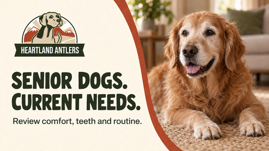Generated senior dog scene: review current comfort, teeth and routine