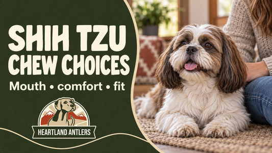 Heartland Antlers guide: shih tzu chew choices, with a calm adult dog