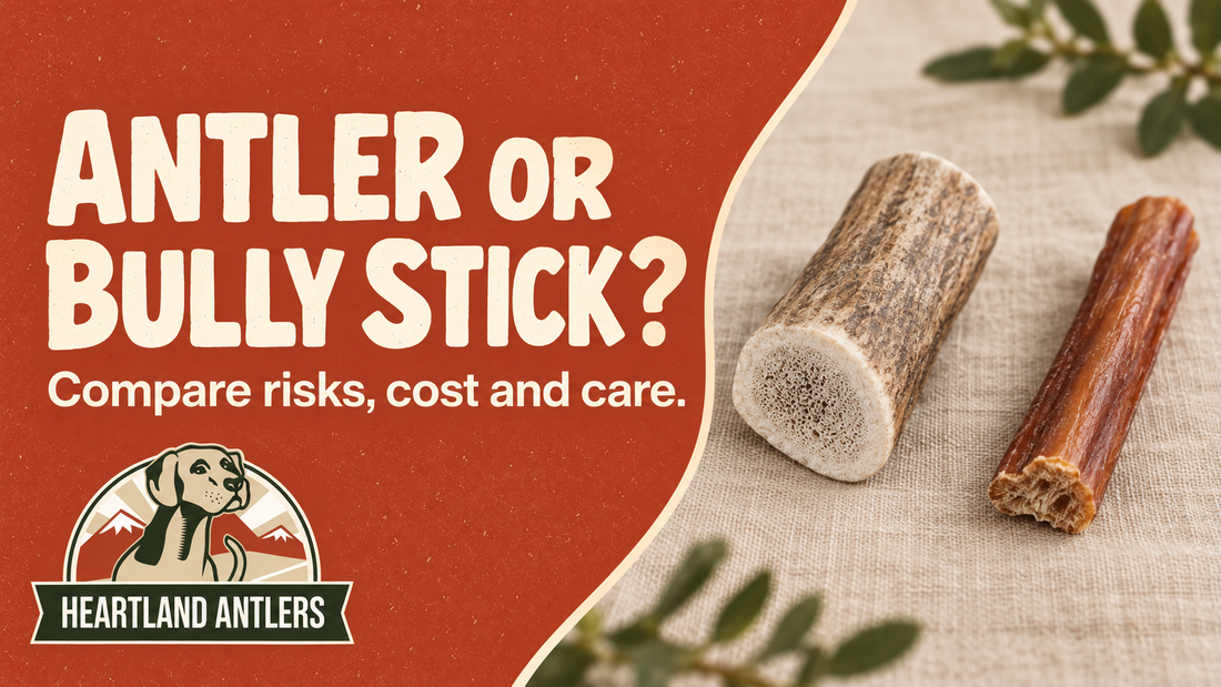 Antler and bully stick comparison with the words: Compare risks, cost and care.