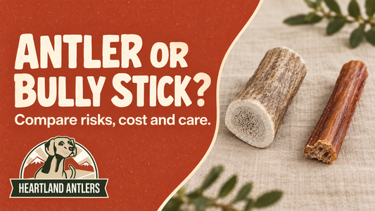 Antler and bully stick comparison with the words: Compare risks, cost and care.