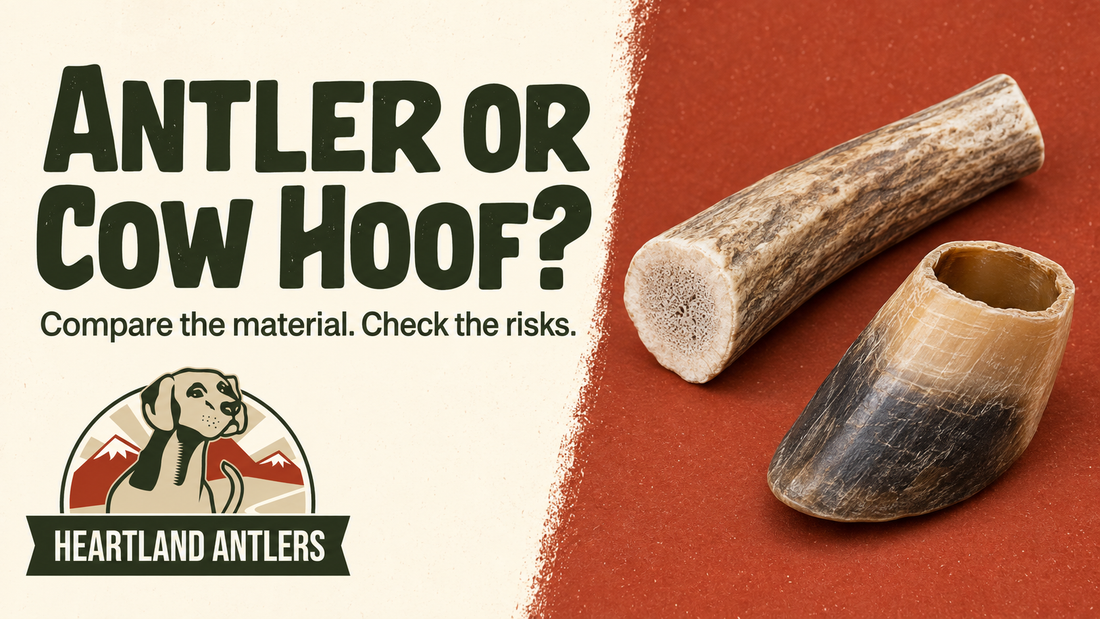 Antler and cow hoof comparison with the message: Compare the material; check the risks.