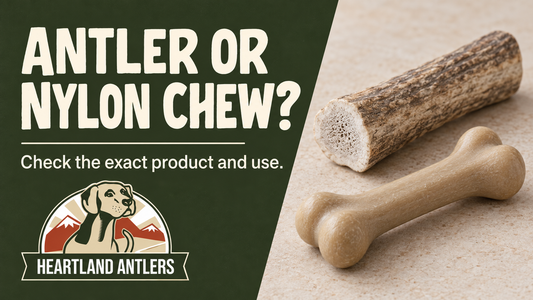 Antler and generic nylon chew toy with a message to check the exact product.