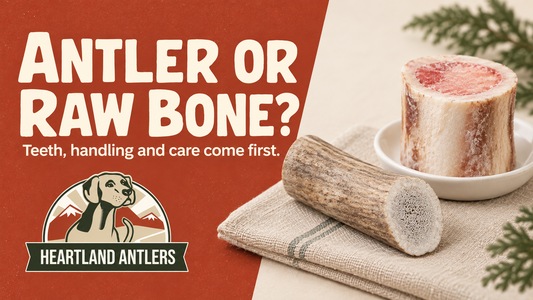 Antler and raw bone illustrations with the words: Teeth, handling and care come first.
