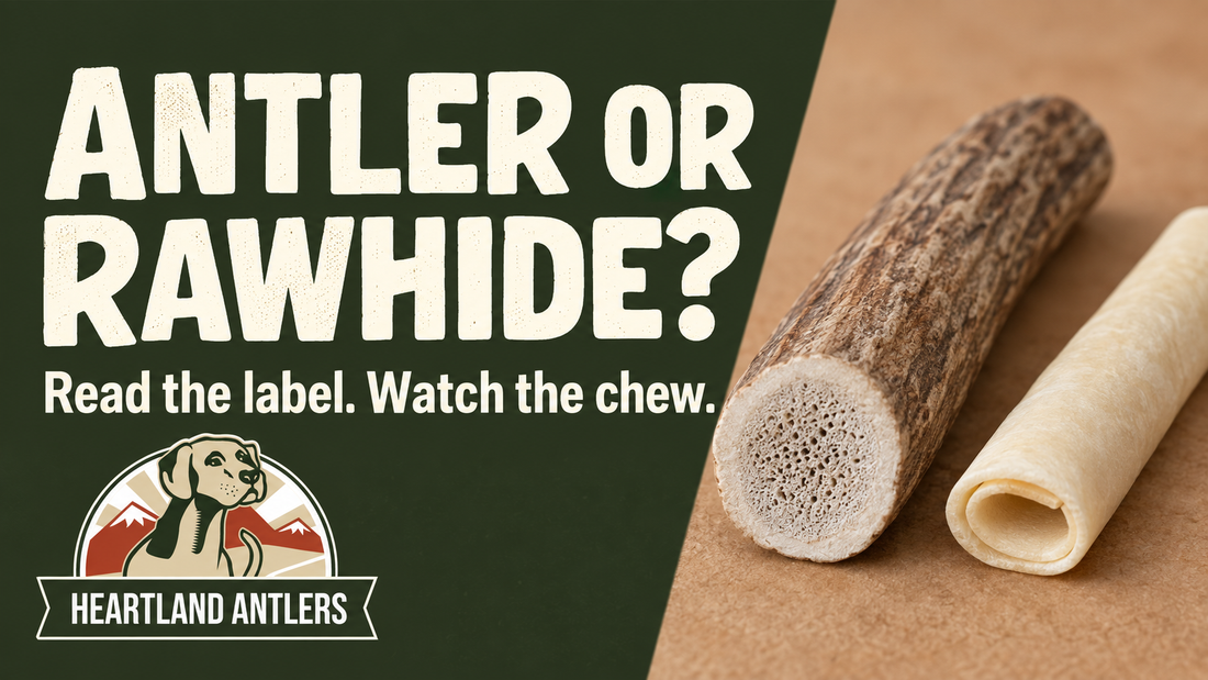 Antler and plain rawhide chew with label and observation guidance.