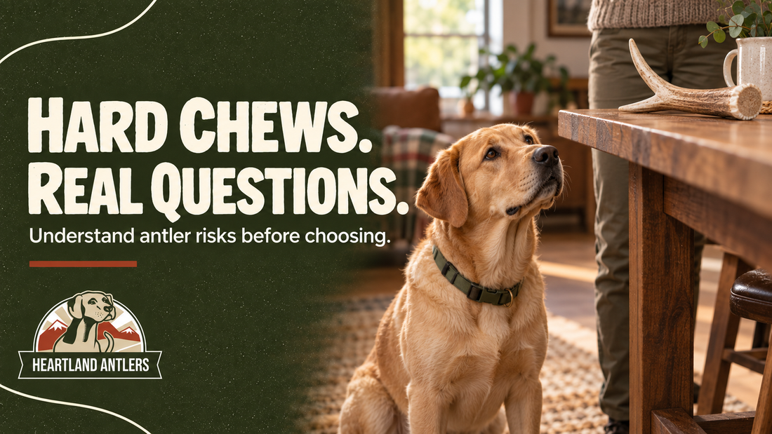 Adult dog and owner with an antler set aside, introducing the risks of hard chews.