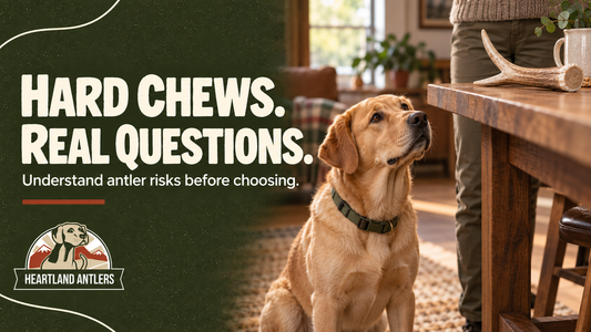 Adult dog and owner with an antler set aside, introducing the risks of hard chews.