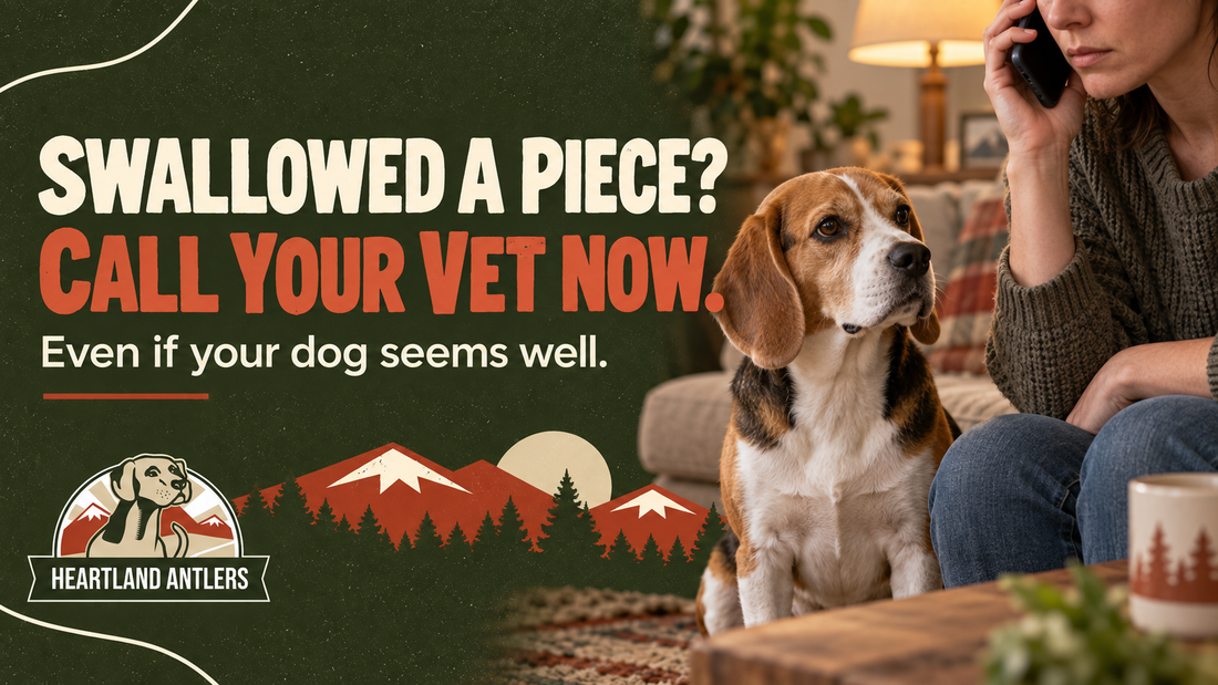 Call your vet now if a dog swallows an antler piece, even when the dog seems well.