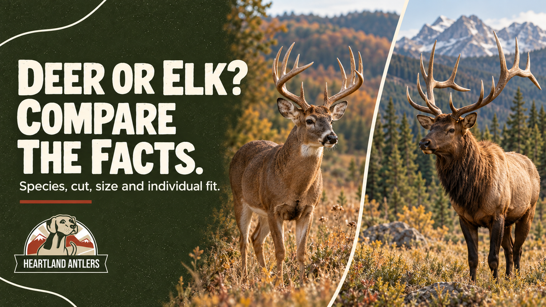 Deer and elk wildlife illustrations introduce an antler comparison based on product facts.
