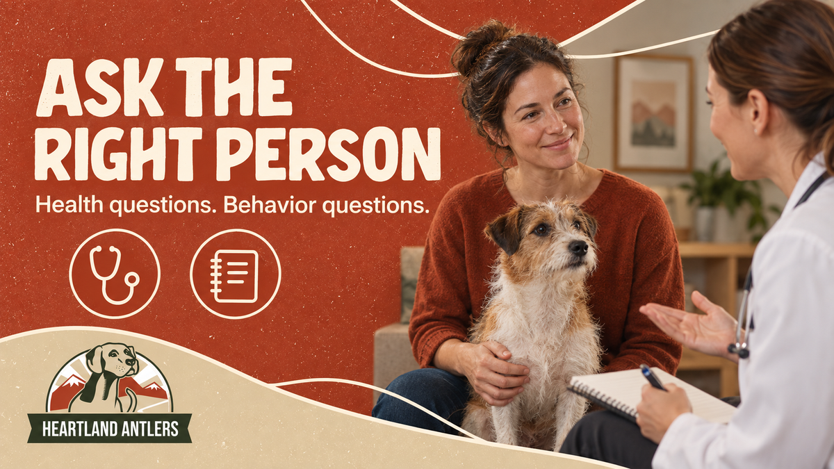 Generated consultation illustration: ask a veterinarian about health and a trainer about behavior