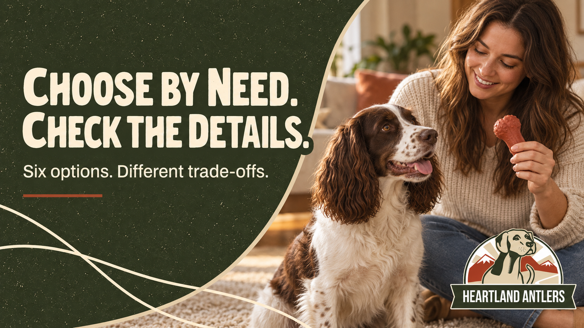 Heartland Antlers illustration: choose dog chew alternatives by need and check the product details