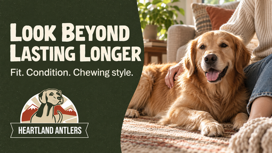 Heartland Antlers guide to chew fit, condition and chewing style, with an adult dog resting beside its owner